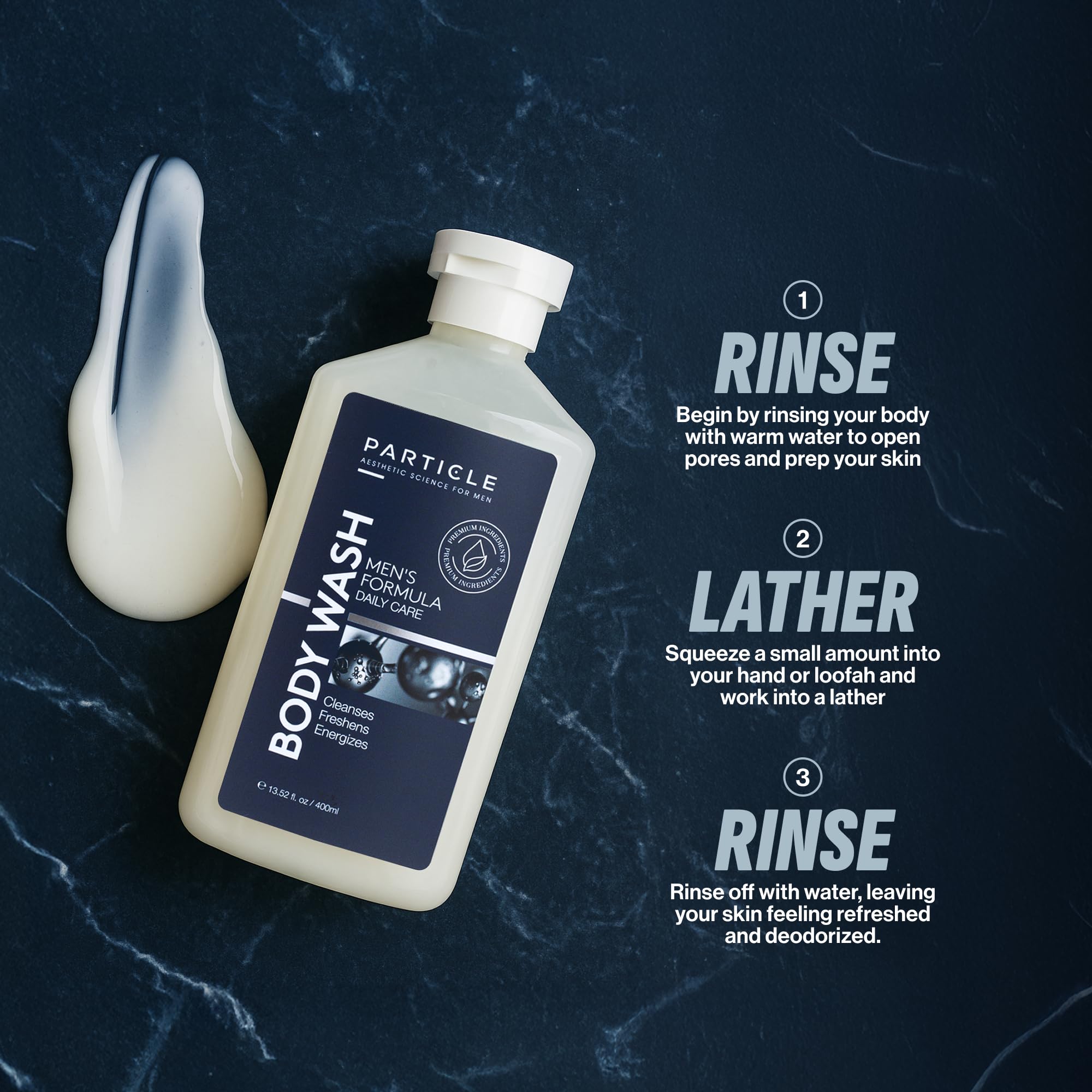 Particle Men’s Body Wash citrus-woody scent providing masculine fragrance after shower
