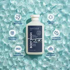 Particle Men’s Body Wash foamy lather spreading across skin for refreshing wash