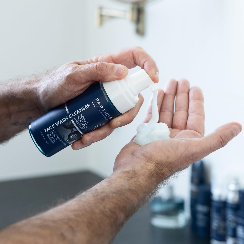 Particle Mens Face Wash features aloe vera and glycolic acid for comfort.