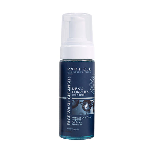 Particle Mens Face Wash bottle front shows daily cleanser for refreshed skin.