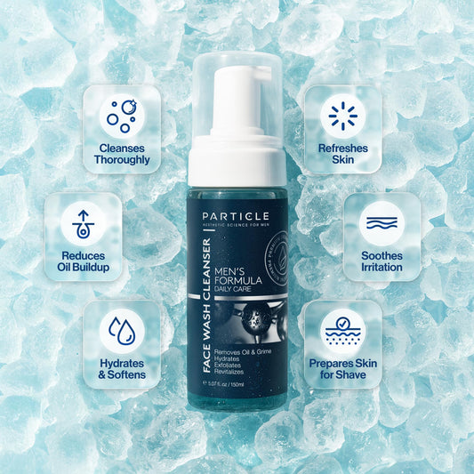 Particle Mens Face Wash foaming texture close-up for quick morning lather.