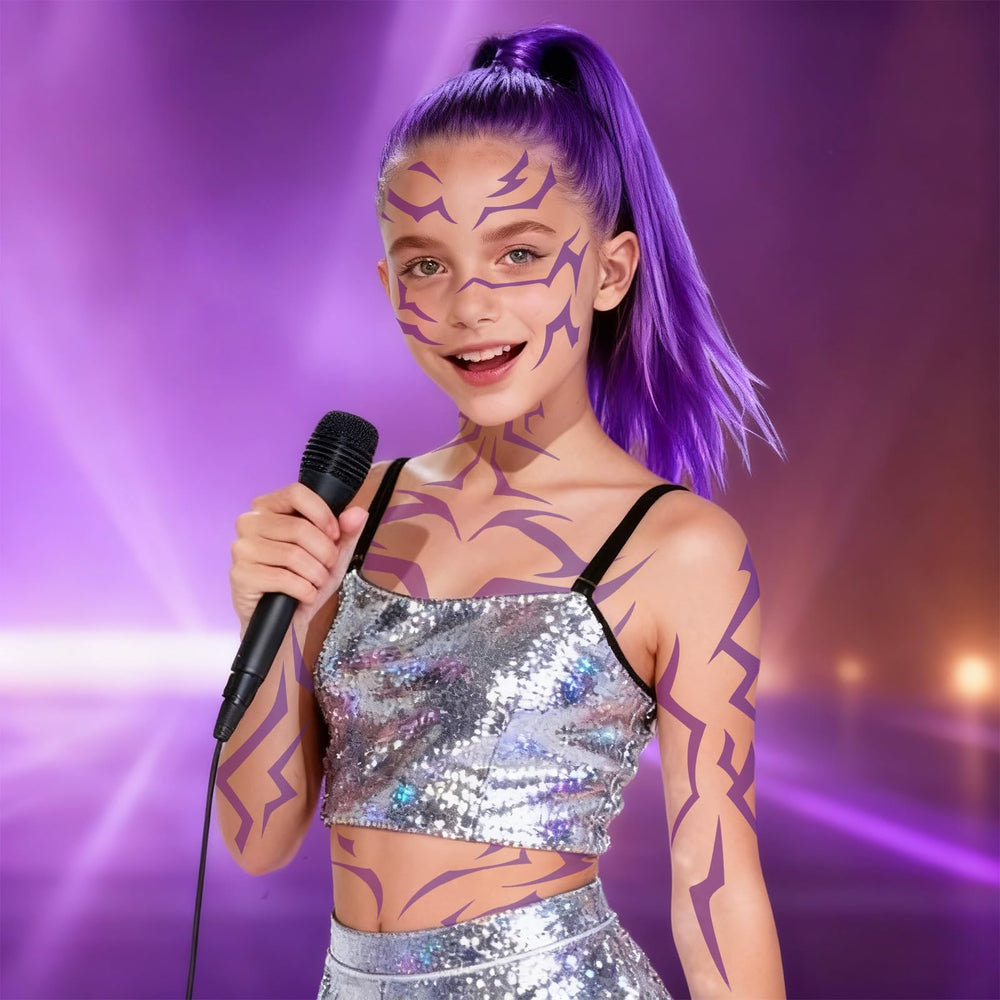 Party Greeting purple demon tattoo on chest adds dramatic visuals during performances.