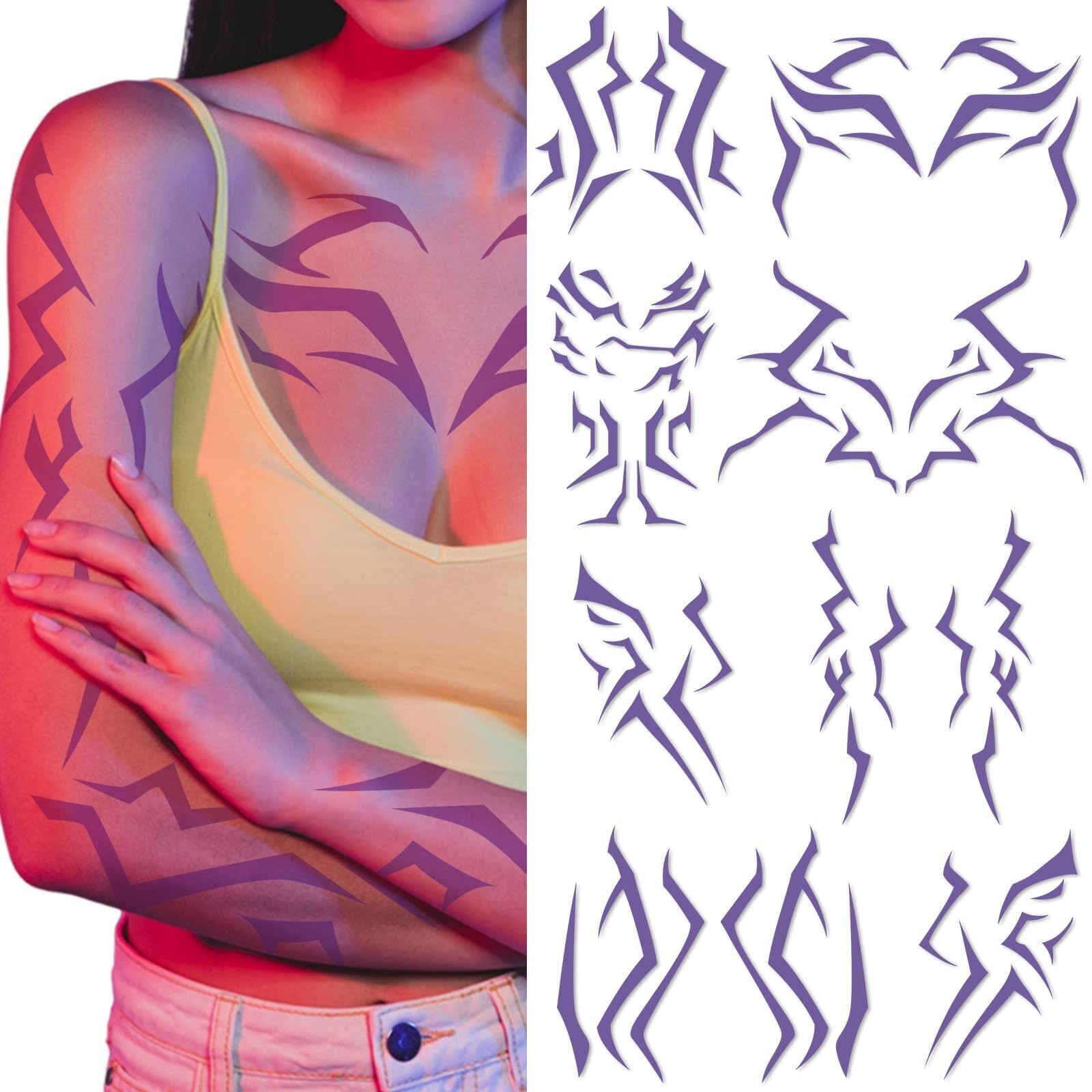 Party Greeting purple demon tattoo on face for immersive cosplay and bold stage presence.