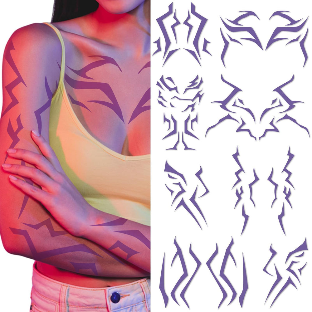 Party Greeting purple demon tattoo on face for immersive cosplay and bold stage presence.