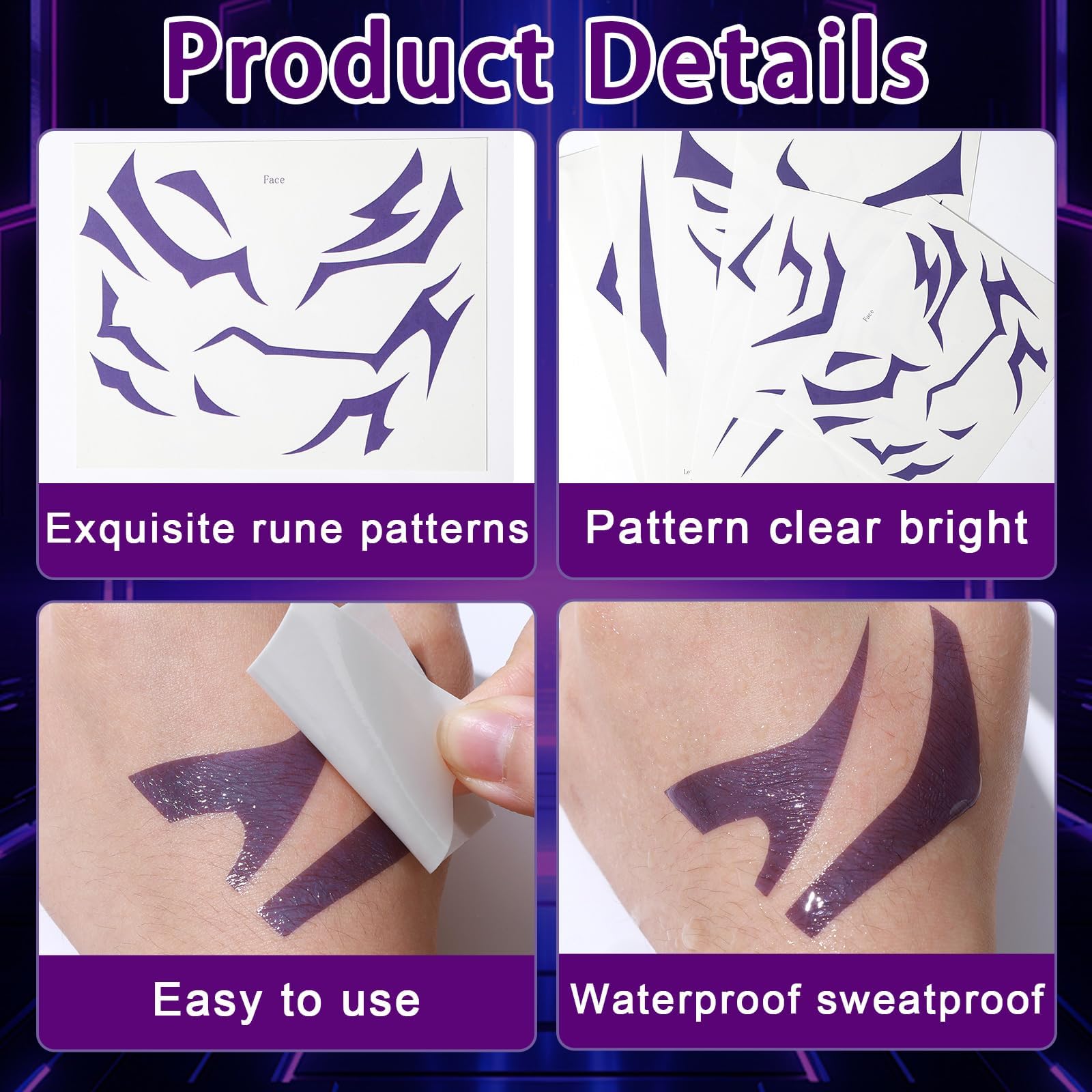 Party Greeting purple demon tattoo on neck creates a striking cosplay line.