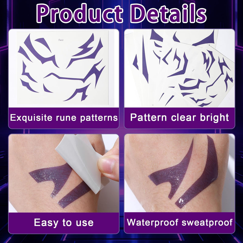 Party Greeting purple demon tattoo on neck creates a striking cosplay line.