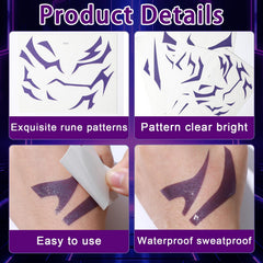 Party Greeting purple demon tattoo on neck creates a striking cosplay line.