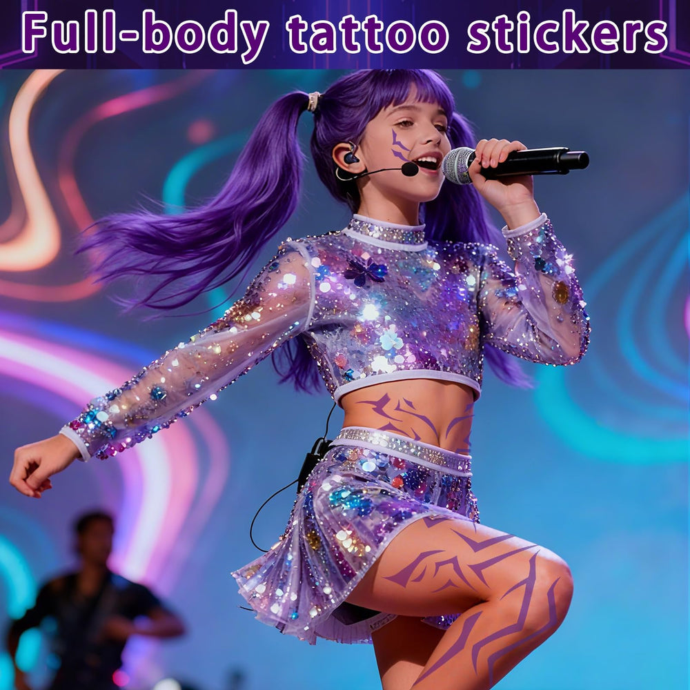 Party Greeting purple demon tattoo on waist blends into full-body looks.