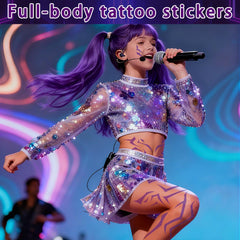 Party Greeting purple demon tattoo on waist blends into full-body looks.