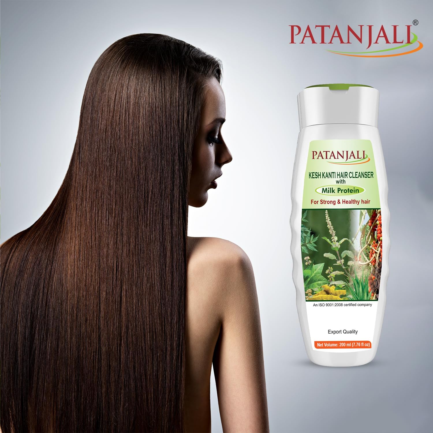 Patanjali Kesh Kanti Milk Protein Shampoo frizz-free strands with natural conditioning.