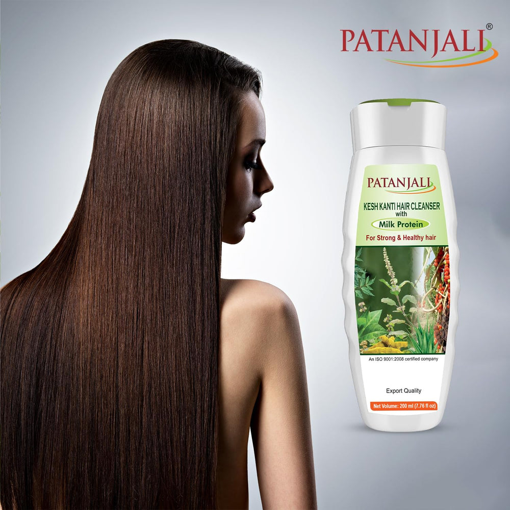 Patanjali Kesh Kanti Milk Protein Shampoo frizz-free strands with natural conditioning.