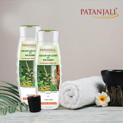 Patanjali Kesh Kanti Milk Protein Shampoo natural ingredients support gentle care.