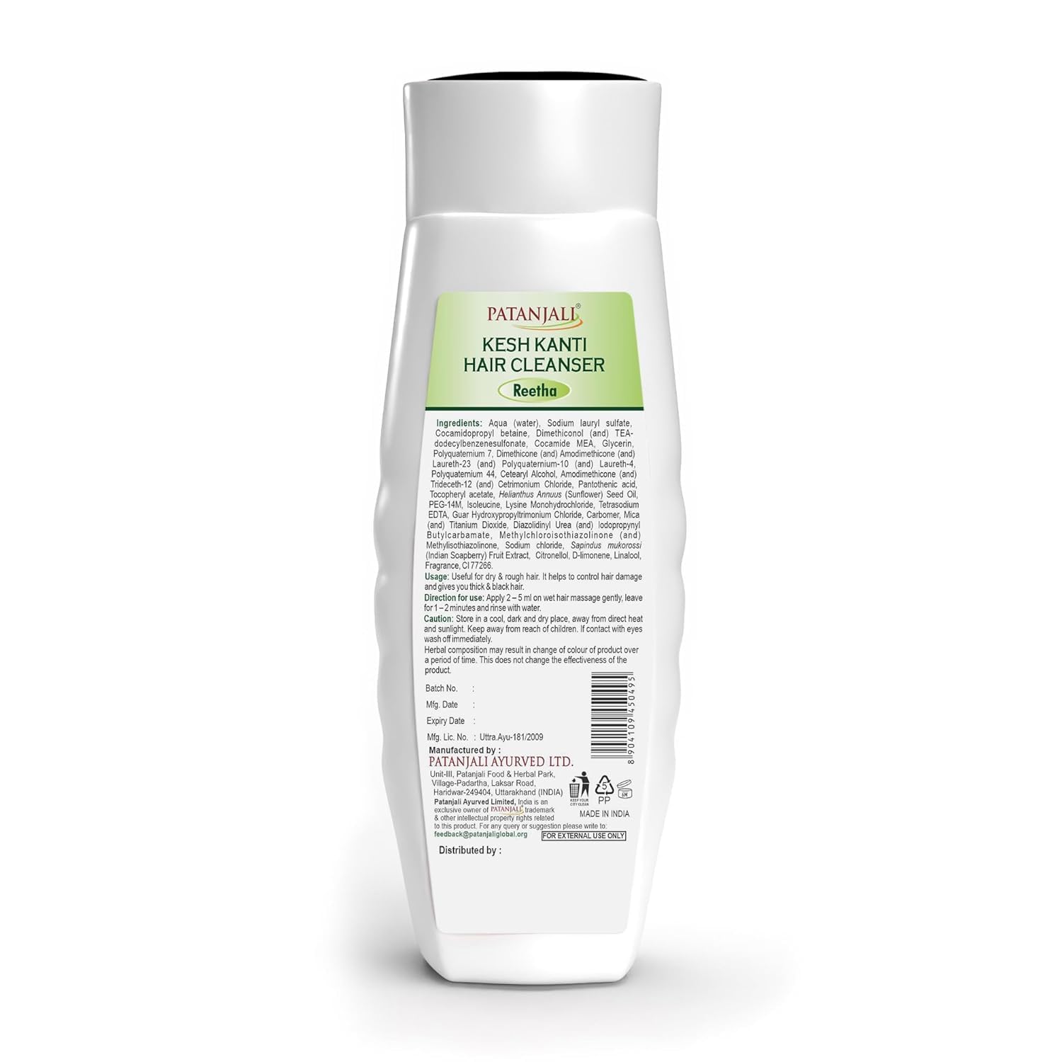 Patanjali Kesh Kanti Reetha shampoo bottle back view, highlights gentle formula