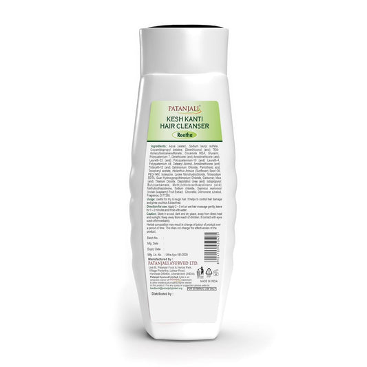 Patanjali Kesh Kanti Reetha shampoo bottle back view, highlights gentle formula