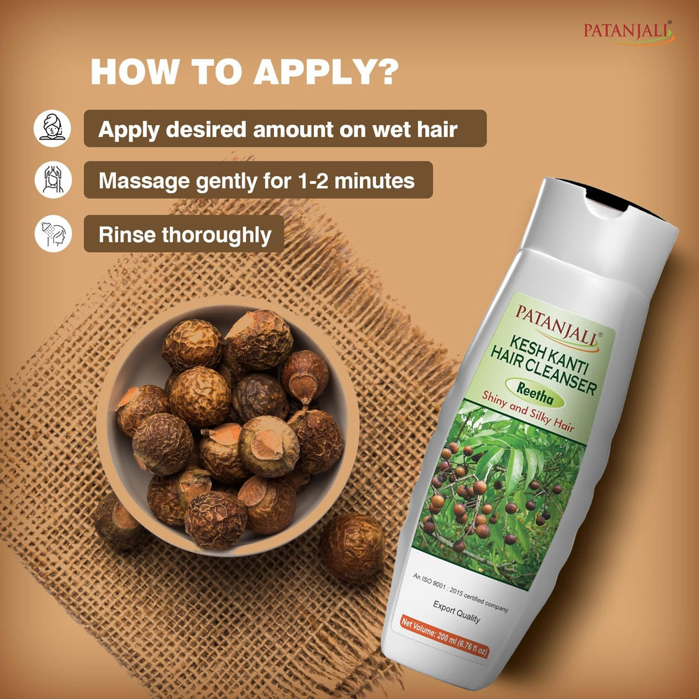 Patanjali Kesh Kanti Reetha shampoo natural herbs close-up, ayurvedic care