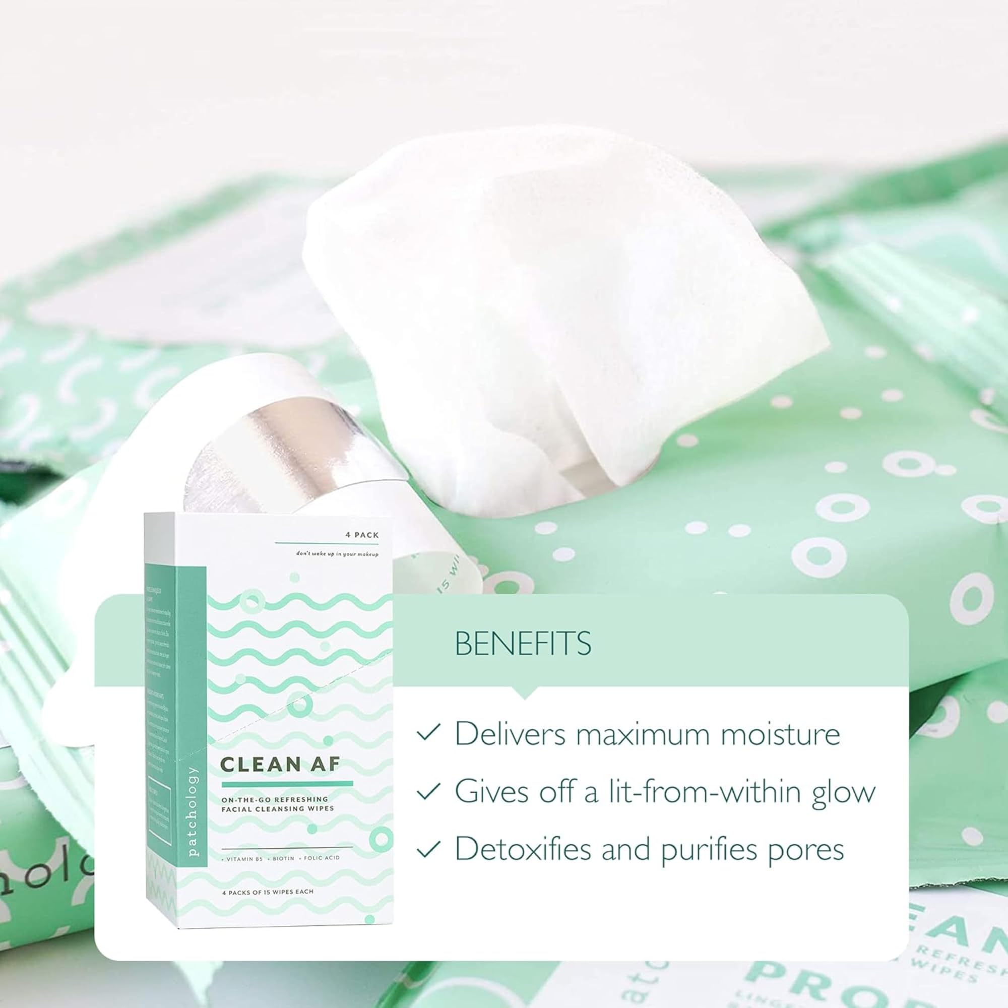 Patchology Clean AF wipes sheet closeup highlights soft texture for gentle cleansing.