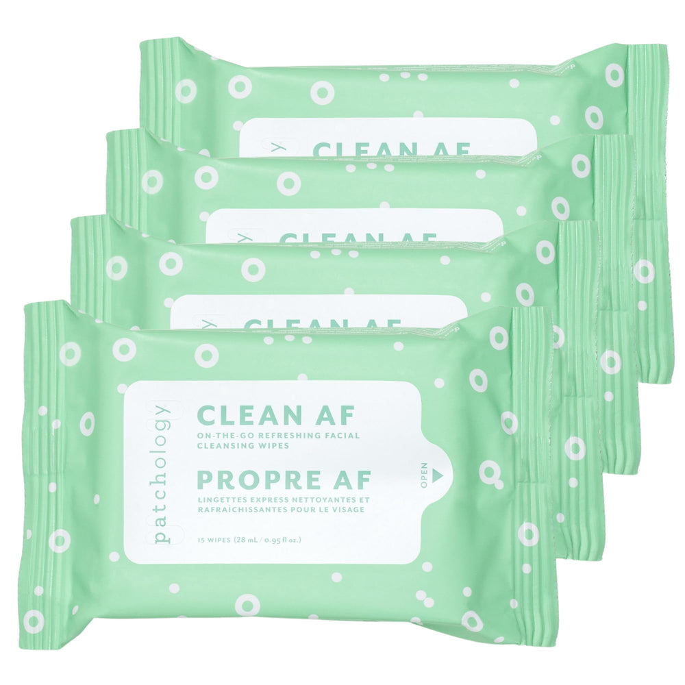 Patchology Clean AF wipes travel-size pouch demonstrates portability for skin resets.