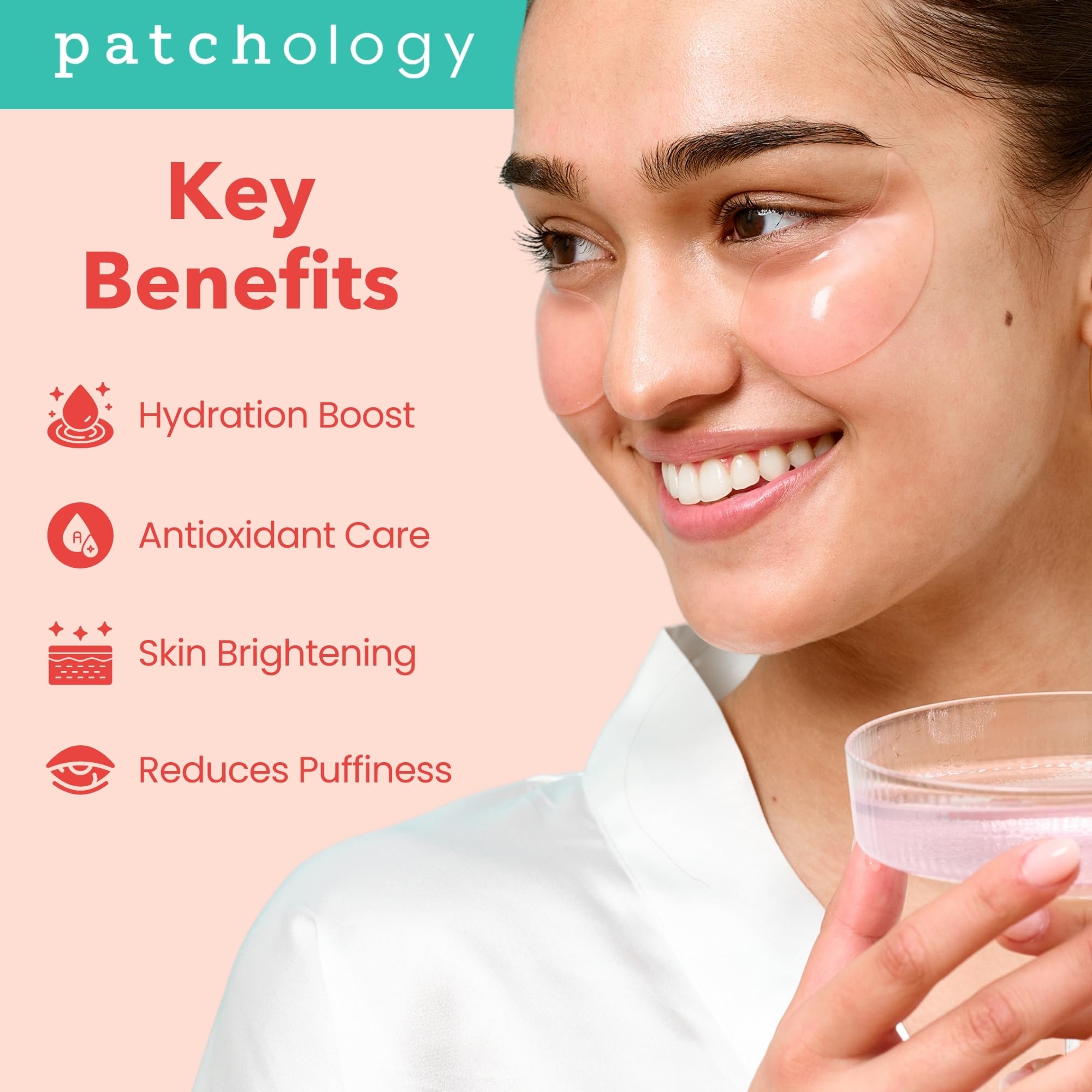 Patchology under-eye patches featuring Hyaluronic Acid for hydration of delicate skin.