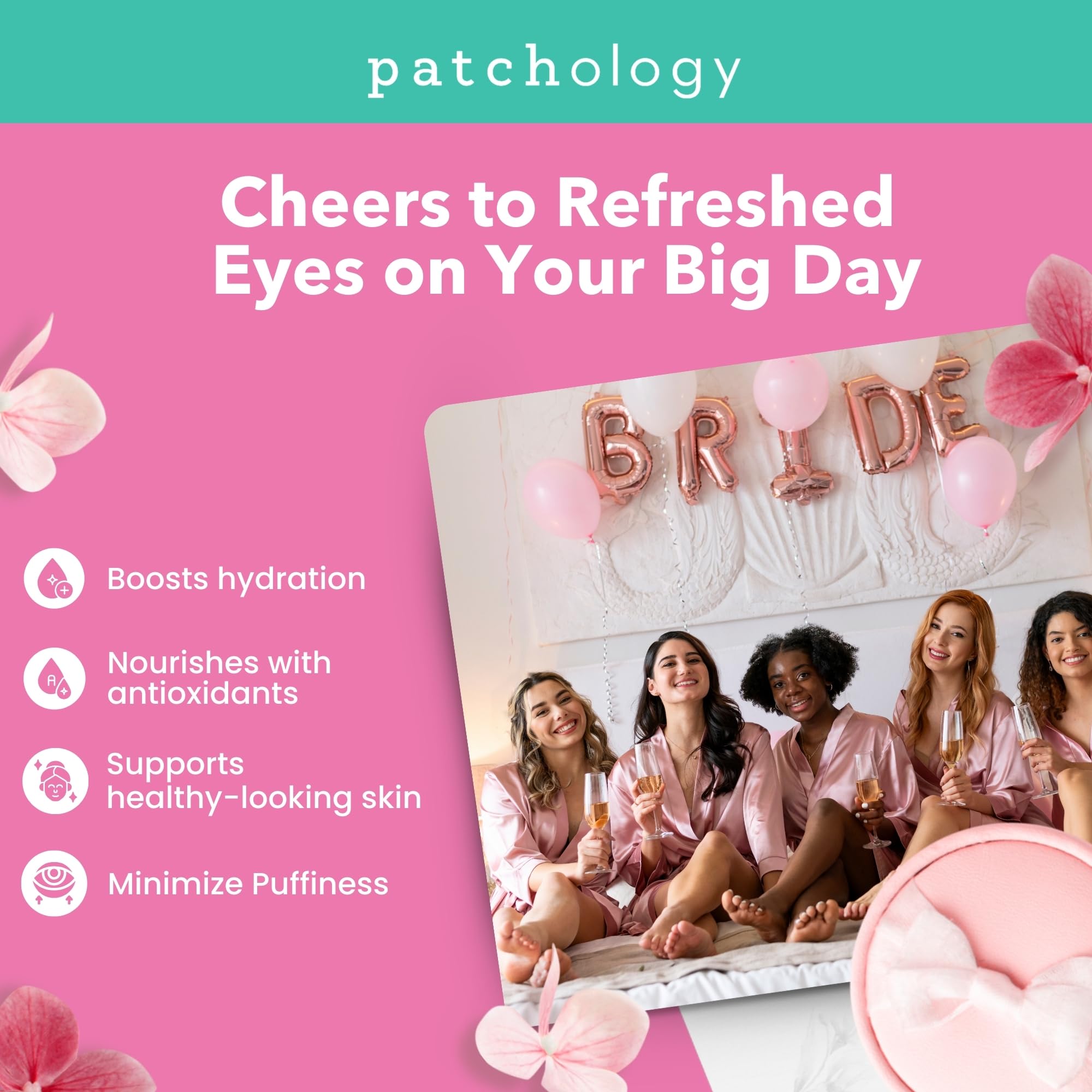 Patchology eye patches close-up showing rose-bubbly formula for cooling use
