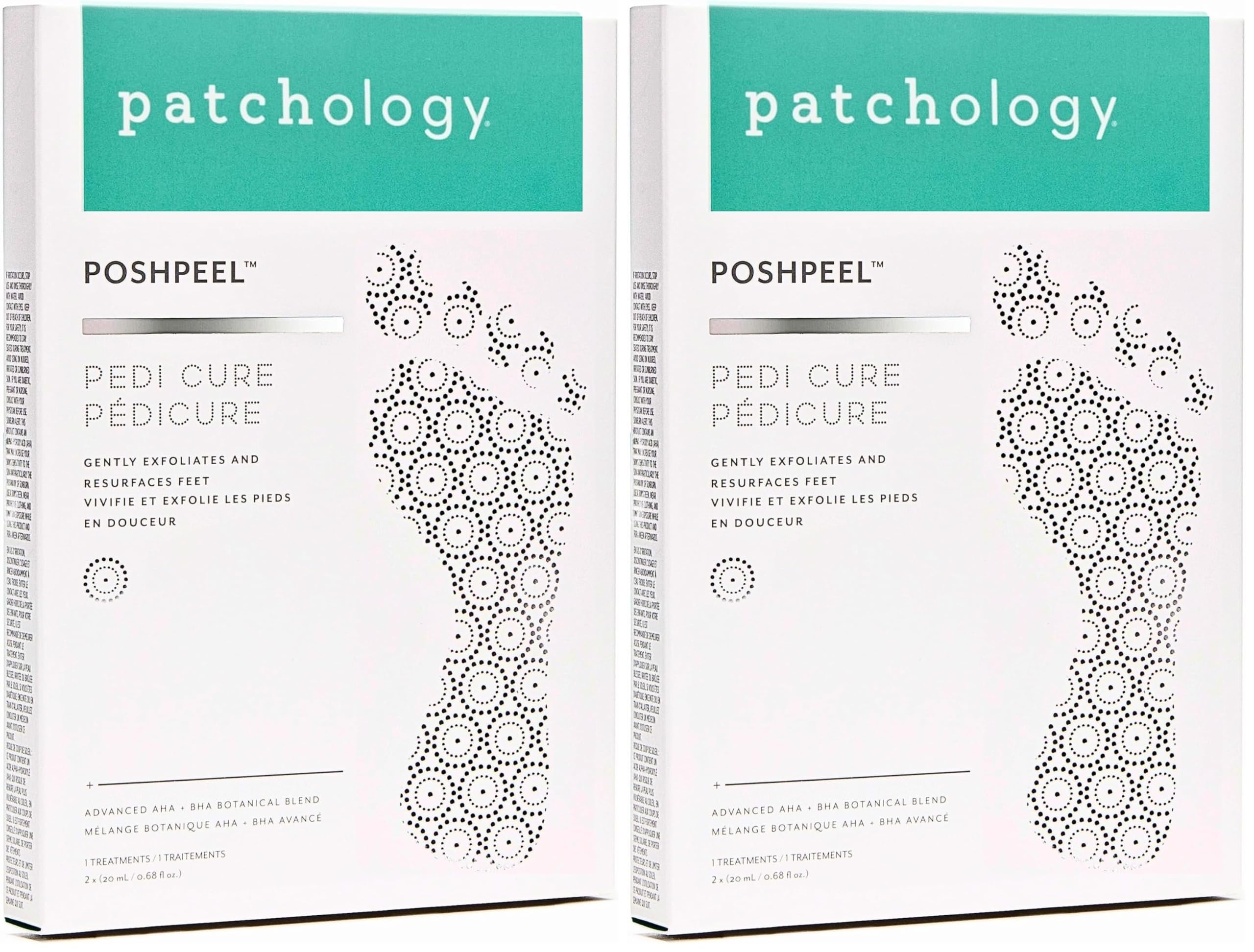 Patchology PoshPeel Pedi Cure booties on feet for exfoliation and smoother skin