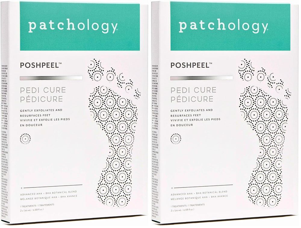 Patchology PoshPeel Pedi Cure booties on feet for exfoliation and smoother skin