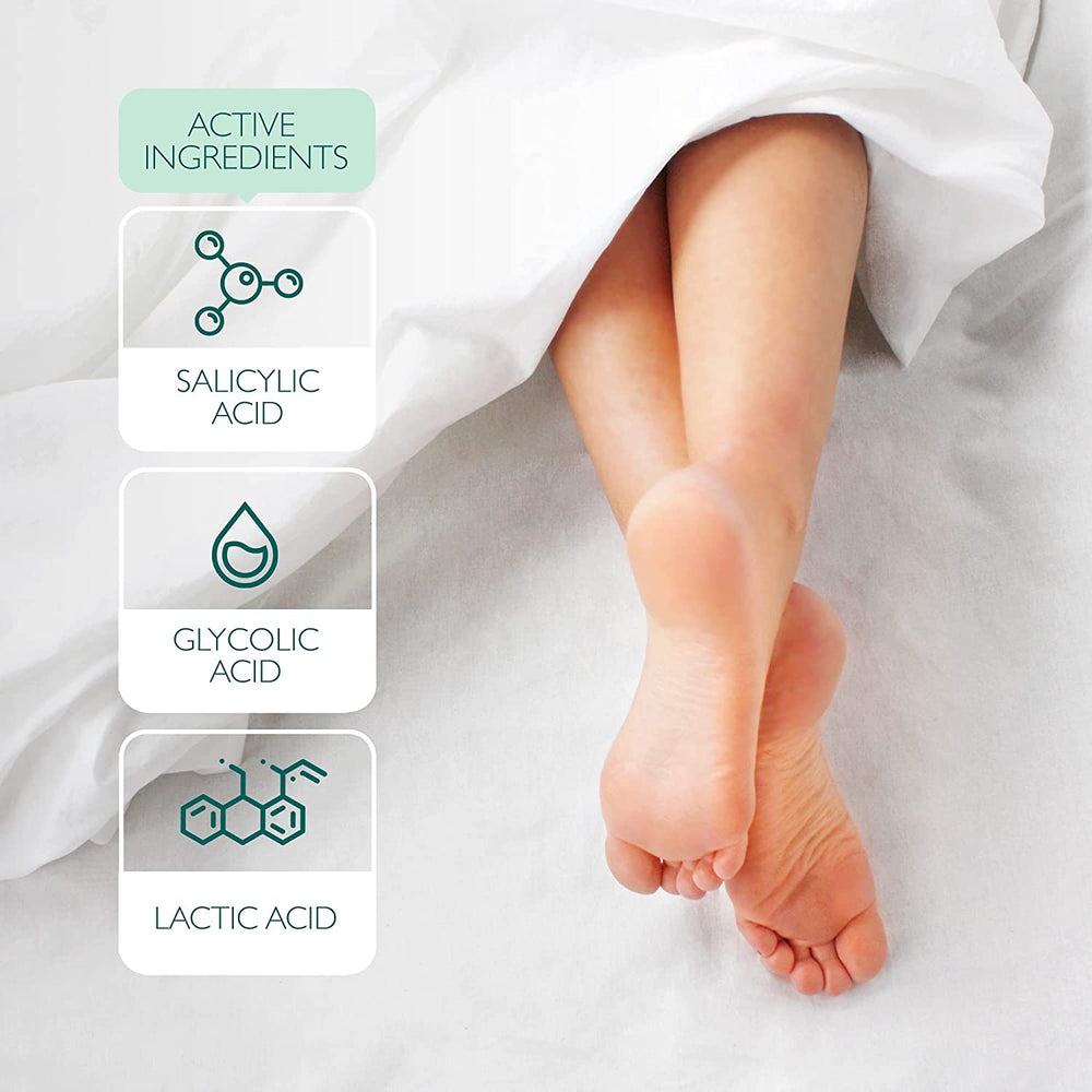 Patchology PoshPeel booties worn on feet during a self-care session