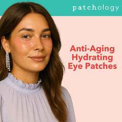 Patchology Serve Chilled Rosé patches being applied under the eyes for soothing relief.