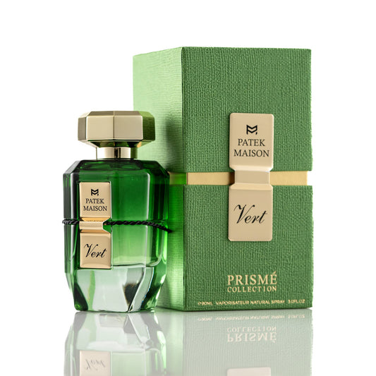 Patek Maison Prisme Vert bottle front highlights vibrant green freshness for daily wear.