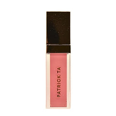 Patrick Ta Major Volume Plumping Lip Gloss Say Less bottle with rich milky pink shine.