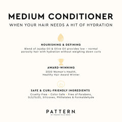 Curls after PATTERN conditioning exhibit definition and softness