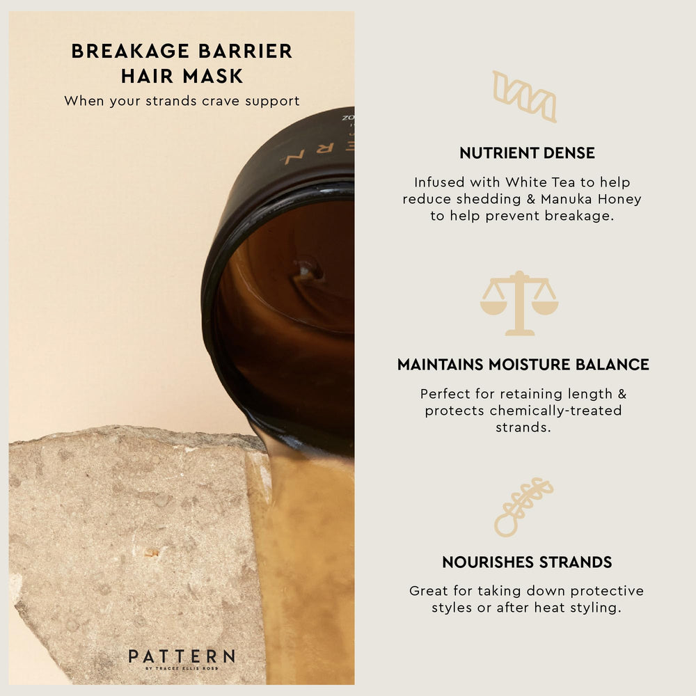 PATTERN Breakage Barrier Mask jar of Manuka honey supports hydrated, strong hair.