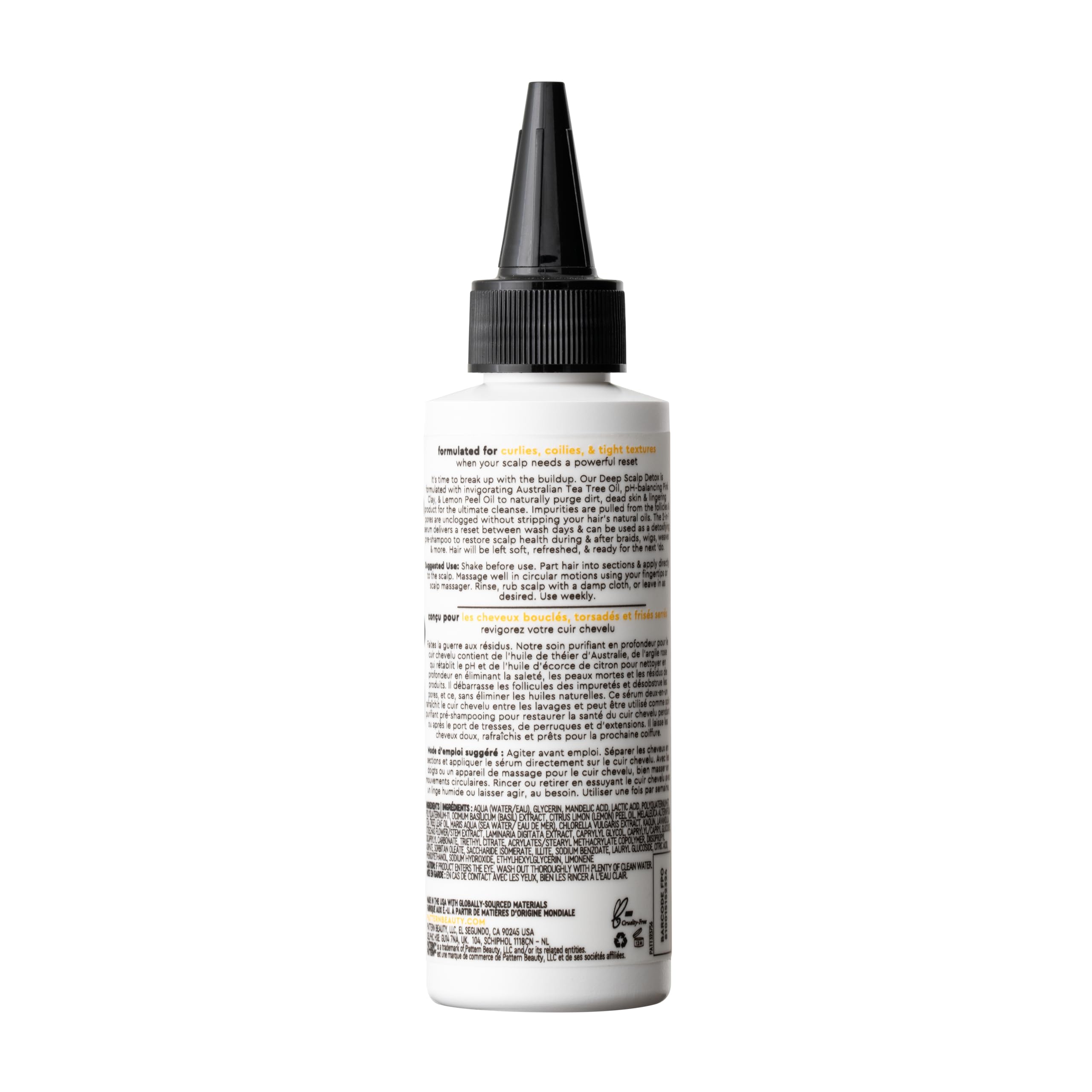 PATTERN Deep Scalp Detox bottle back shows size and cleansing notes.