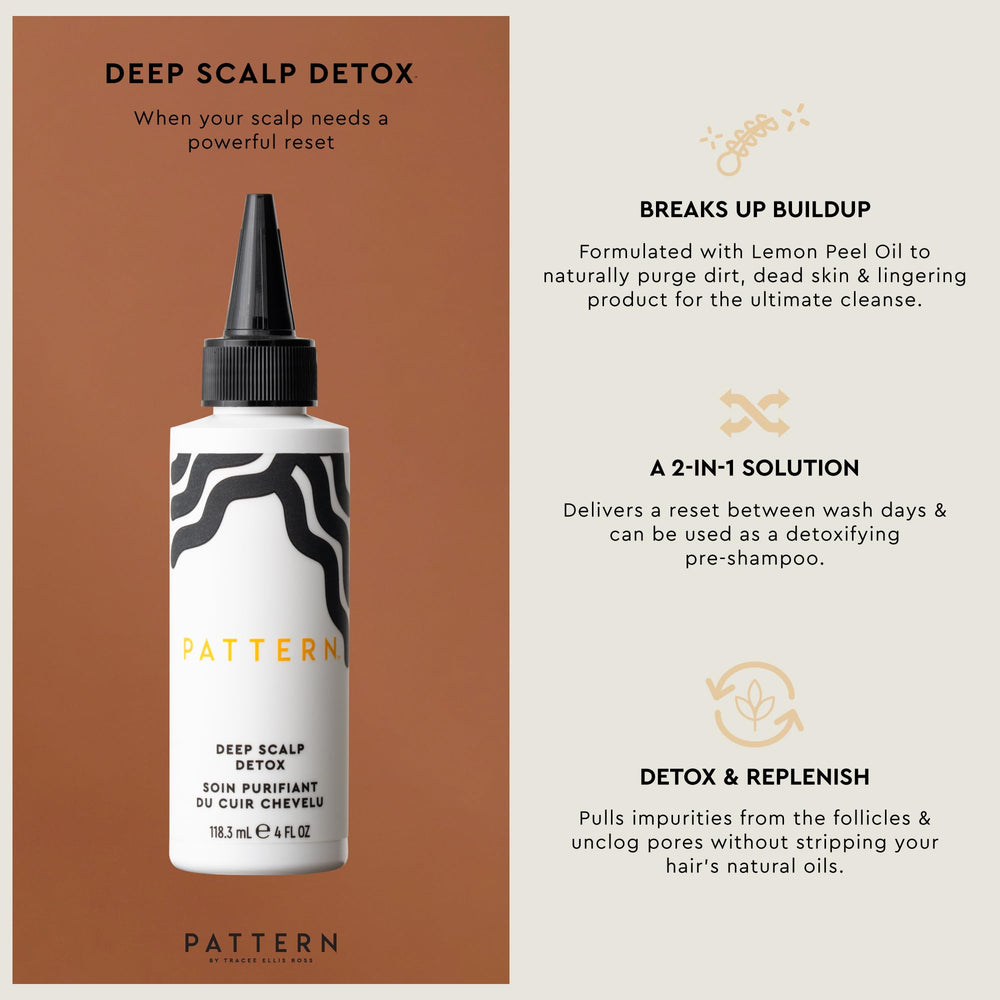 PATTERN Deep Scalp Detox pour close-up highlights purifying action.
