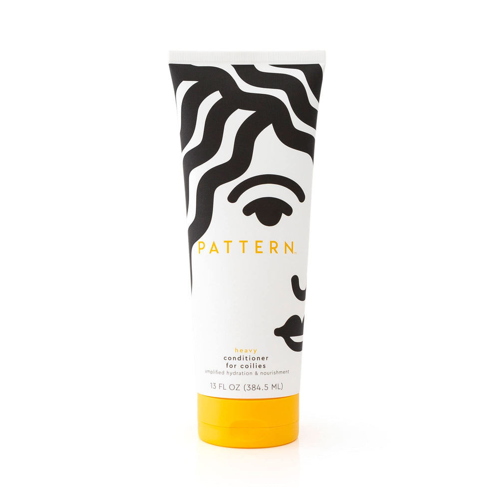 PATTERN Heavy Conditioner bottle pour demonstrates easy detangling and hydration for curls.