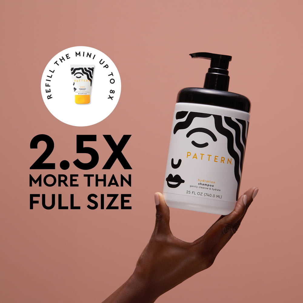 PATTERN Hydration Shampoo close-up bottle shows creamy lather and buildup removal
