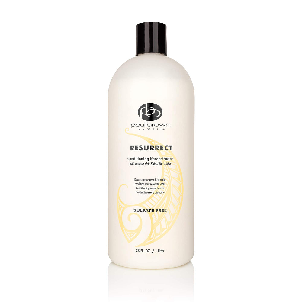Paul Brown Hawaii Resurrect conditioner bottle shows deep hydration for damaged hair.
