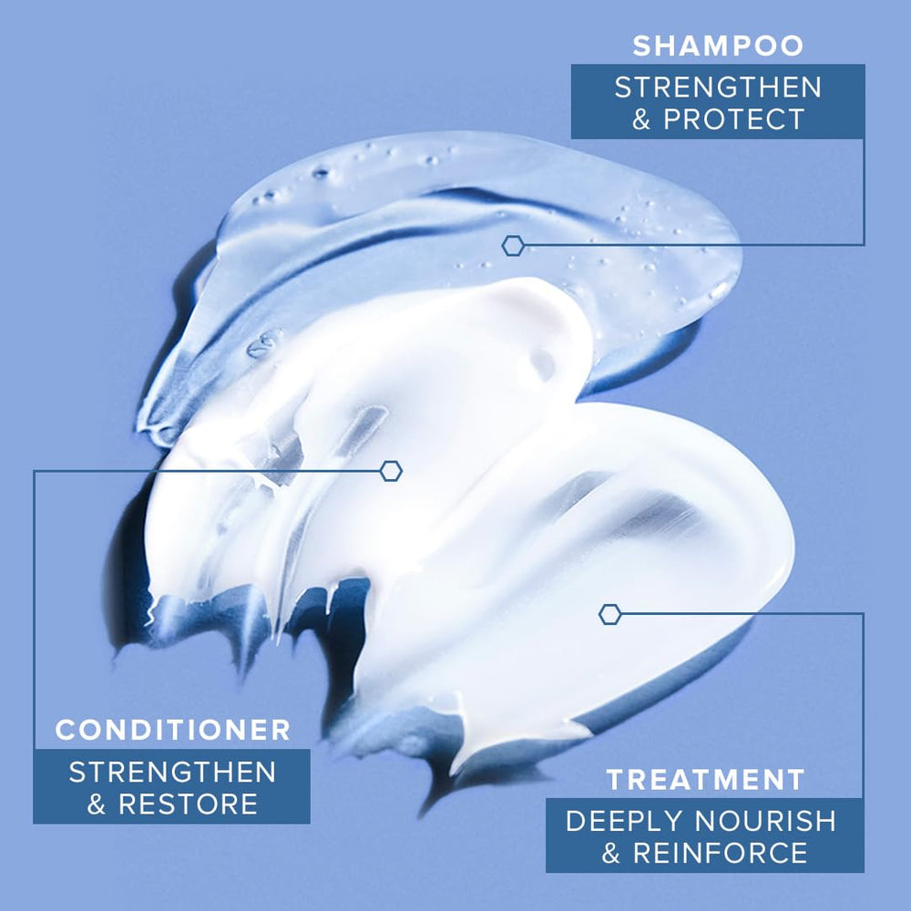 Hair application scene depicts nourishing routine for damaged, chemically treated hair.