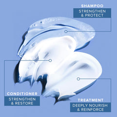 Hair application scene depicts nourishing routine for damaged, chemically treated hair.