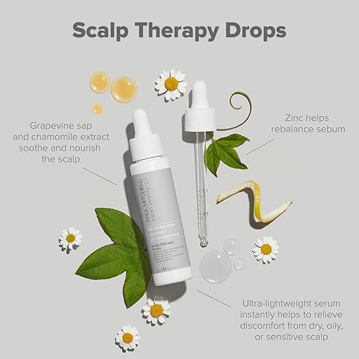Paul Mitchell Clean Beauty Scalp Therapy Drops label highlighting gentle, daily-use leave-in treatment.