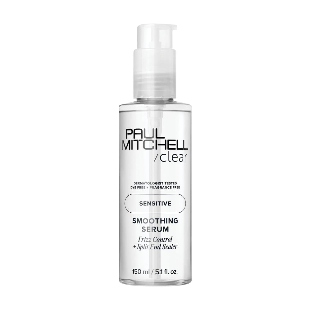Paul Mitchell Clear Smoothing Serum bottle for fragrance-free, gentle smoothing.