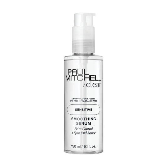 Paul Mitchell Clear Smoothing Serum bottle for fragrance-free, gentle smoothing.