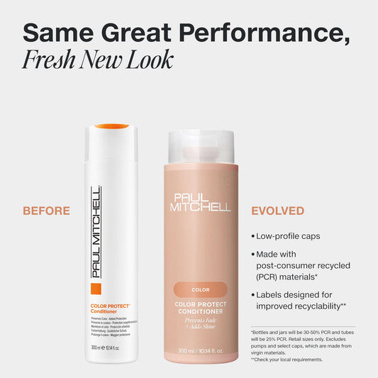 Close-up of Paul Mitchell Color Protect label detail emphasizes UV shield and detangling benefits