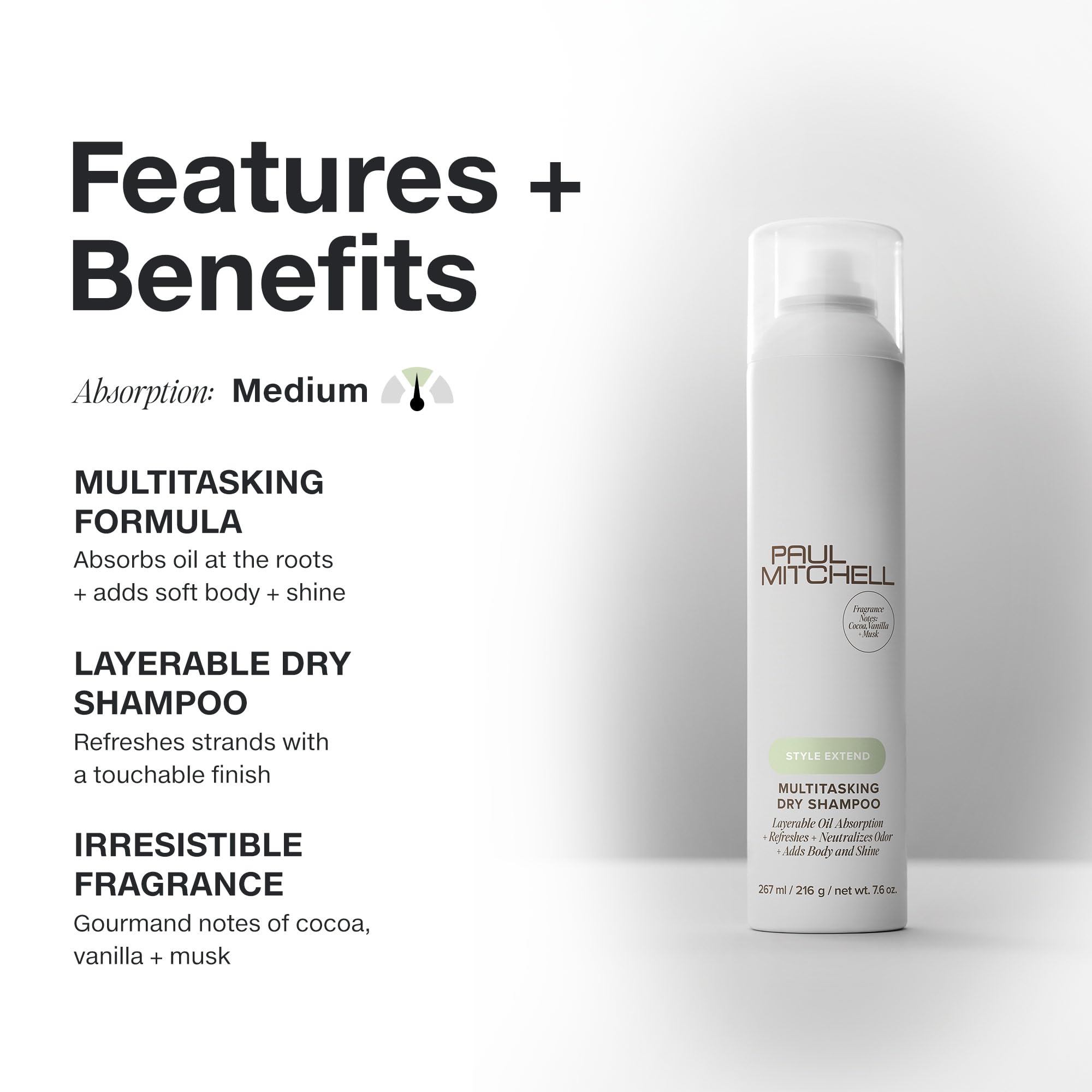 Paul Mitchell Multitasking Dry Shampoo absorbs oil at roots for renewed volume.