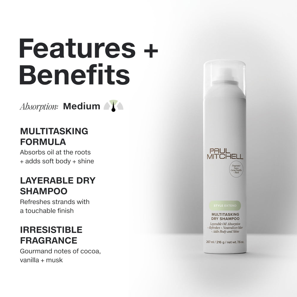 Paul Mitchell Multitasking Dry Shampoo absorbs oil at roots for renewed volume.