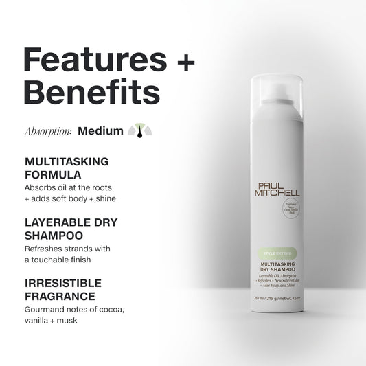 Paul Mitchell Multitasking Dry Shampoo absorbs oil at roots for renewed volume.