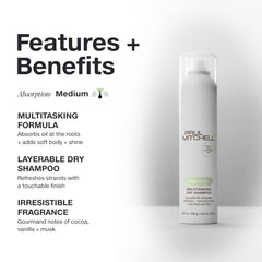 Paul Mitchell Multitasking Dry Shampoo absorbs oil at roots for renewed volume.