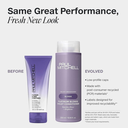 Paul Mitchell Platinum Blonde Conditioner bottle hydrates and adds shine for color-treated hair