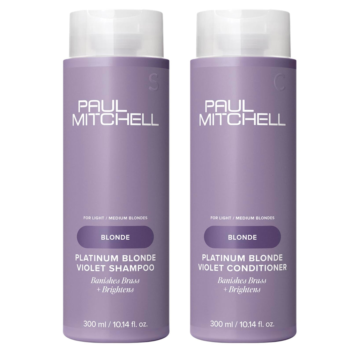 Paul Mitchell Platinum Blonde Purple Shampoo pour demonstrating brassiness reduction.