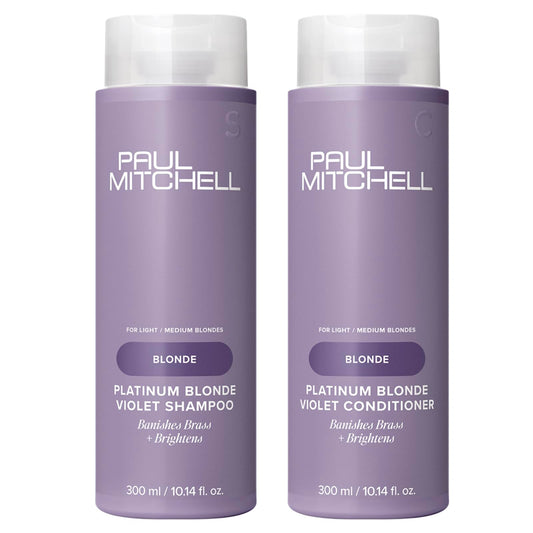 Paul Mitchell Platinum Blonde Purple Shampoo pour demonstrating brassiness reduction.