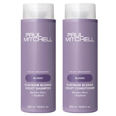 Paul Mitchell Platinum Blonde Purple Shampoo pour demonstrating brassiness reduction.